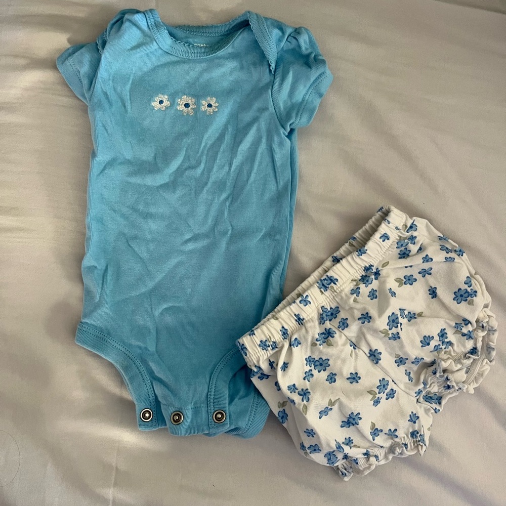 Blue Floral Baby Bodysuit and Shorts Set